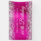 Silver Glitter Hot Pink Folie 60e Verjaardag Welko Spandoek (Verticaal)