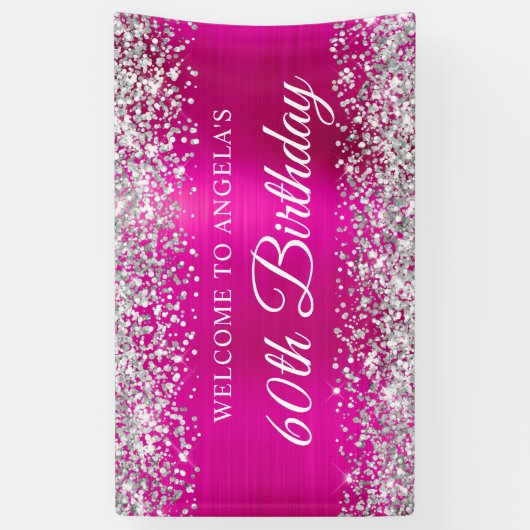 Silver Glitter Hot Pink Folie 60e Verjaardag Welko Spandoek (Verticaal)