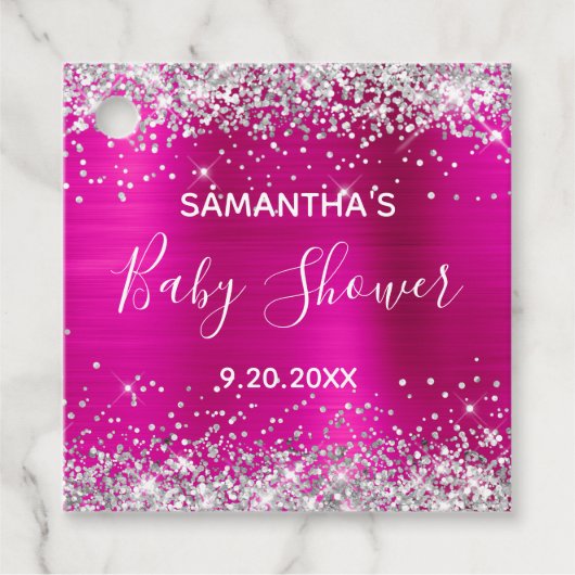 Silver Glitter Hot Pink Folie Baby Bedankjes Labels (Voorkant)