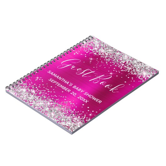 Silver Glitter Hot Pink Folie Baby shower Guestboo Notitieboek (Linkerzijde)