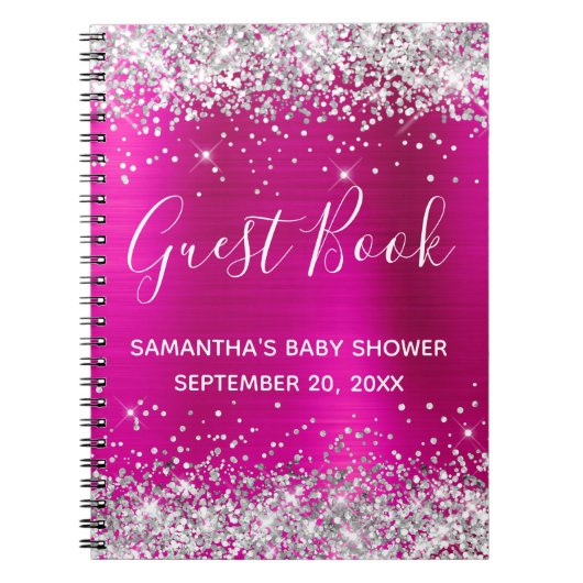 Silver Glitter Hot Pink Folie Baby shower Guestboo Notitieboek (Voorkant)