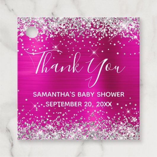 Silver Glitter Hot Pink Folie Baby shower Hartelij Bedankjes Labels (Voorkant)