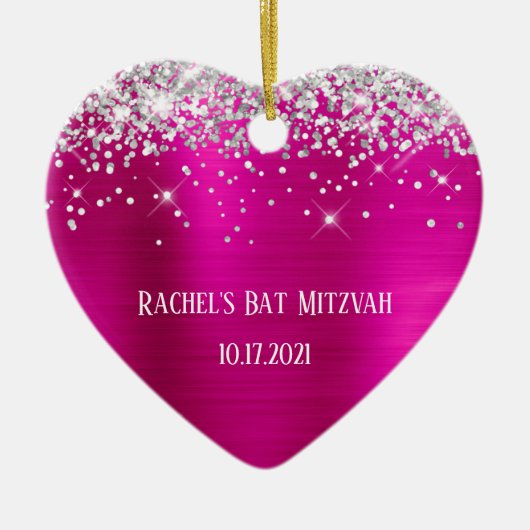 Silver Glitter Hot Pink Folie Bat Mitzvah Keramisch Ornament (Voorkant)