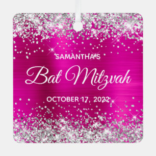 Silver Glitter Hot Pink Folie Bat Mitzvah Metalen Ornament