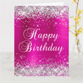 Silver Glitter Hot Pink Folie Big Happy Birthday Kaart (Gele Bloem)