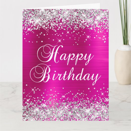 Silver Glitter Hot Pink Folie Big Happy Birthday Kaart (Voorkant)