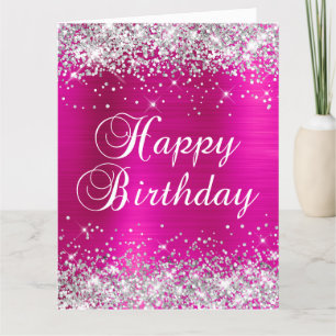 Silver Glitter Hot Pink Folie Big Happy Birthday Kaart