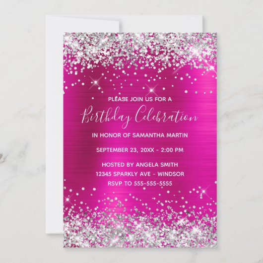 Silver Glitter Hot Pink Folie Birthday Celebration Kaart (Voorkant)