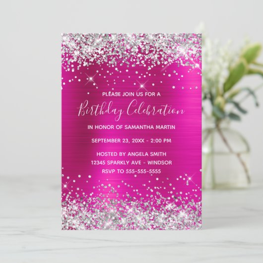 Silver Glitter Hot Pink Folie Birthday Celebration Kaart (Staand voorkant)