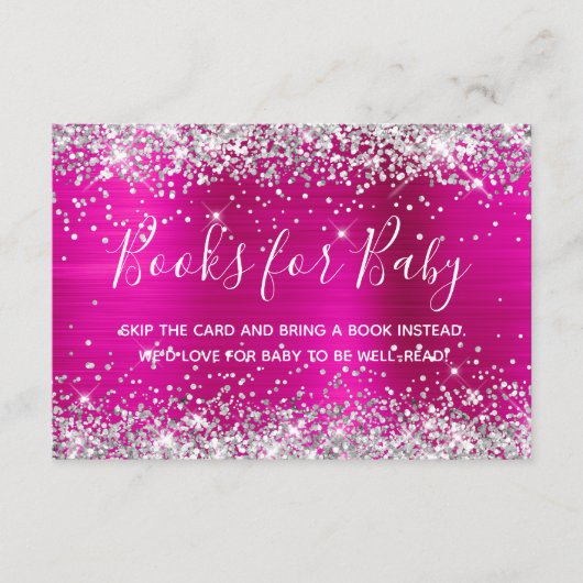 Silver Glitter Hot Pink Folie Books voor Baby Informatiekaartje (Voorkant)