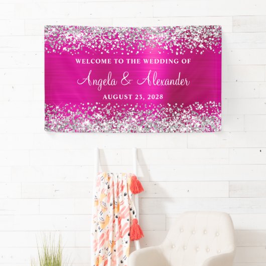Silver Glitter Hot Pink Folie Bruiloft Welkom Spandoek (Insitu)