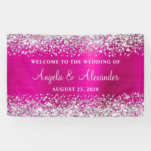 Silver Glitter Hot Pink Folie Bruiloft Welkom Spandoek (Horizontaal)