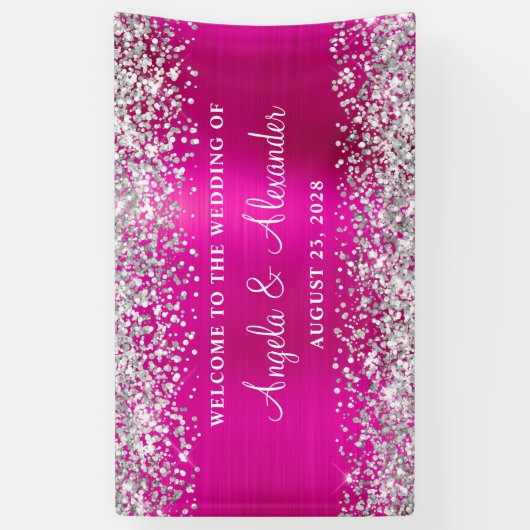 Silver Glitter Hot Pink Folie Bruiloft Welkom Spandoek (Verticaal)