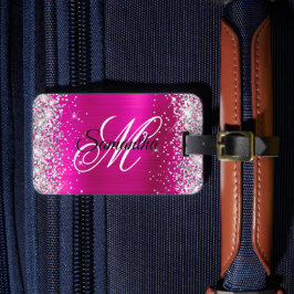 Silver Glitter Hot Pink Folie Fancy Monogram Bagagelabel