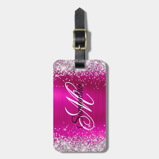 Silver Glitter Hot Pink Folie Fancy Monogram Bagagelabel (Voorkant verticaal)