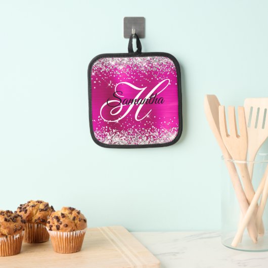 Silver Glitter Hot Pink Folie Fancy Monogram Pannenlap (Insitu(Ophanging))