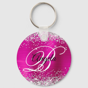 Silver Glitter Hot Pink Folie Fancy Monogram Sleutelhanger