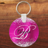 Silver Glitter Hot Pink Folie Fancy Monogram Sleutelhanger (Voorkant)