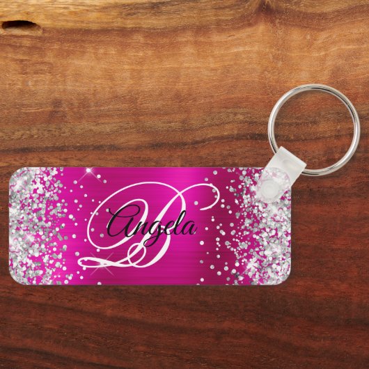 Silver Glitter Hot Pink Folie Fancy Monogram Sleutelhanger (Voorkant)