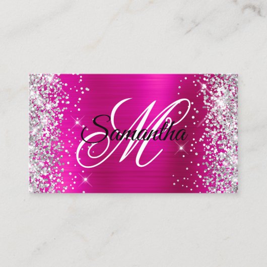 Silver Glitter Hot Pink Folie Fancy Monogram Visitekaartje (Voorkant)
