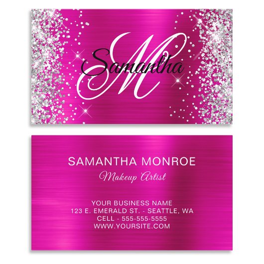 Silver Glitter Hot Pink Folie Fancy Monogram Visitekaartje
