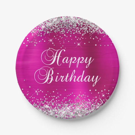 Silver Glitter Hot Pink Folie Happy Birthday Papieren Bordje (Voorkant)