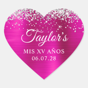 Silver Glitter Hot Pink Folie Mis XV Anos Verjaard Hart Sticker