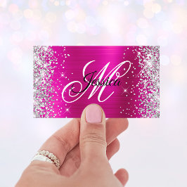 Silver Glitter Hot Pink Folie Monogram Profiel Visitekaartje