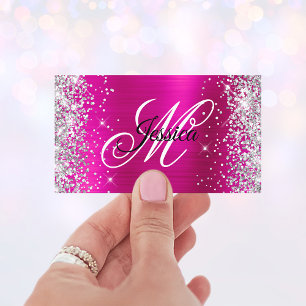 Silver Glitter Hot Pink Folie Monogram Profiel Visitekaartje