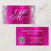 Silver Glitter Hot Pink Folie Monogram QR-code Visitekaartje (Voorkant / Achterkant)