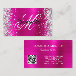 Silver Glitter Hot Pink Folie Monogram QR-code Visitekaartje