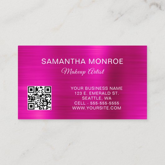 Silver Glitter Hot Pink Folie Monogram QR-code Visitekaartje (Achterkant)