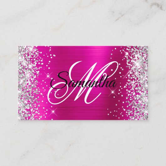 Silver Glitter Hot Pink Folie Monogram QR-code Visitekaartje (Voorkant)