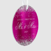 Silver Glitter Hot Pink Folie Onze 1e kerst Ornament (voorkant)