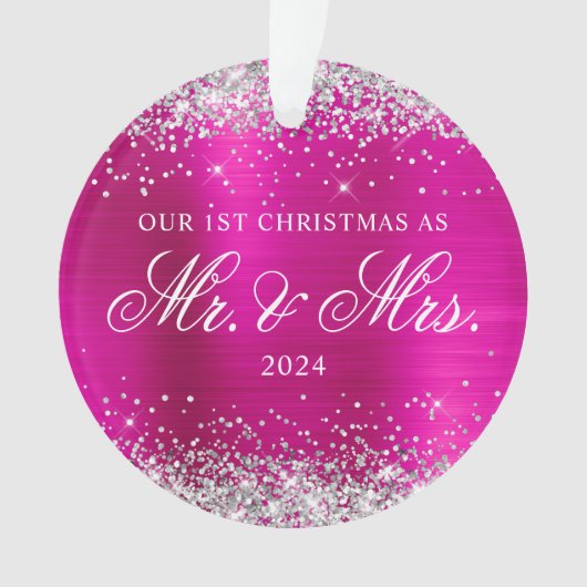 Silver Glitter Hot Pink Folie Onze 1e kerst Ornament (voorkant)