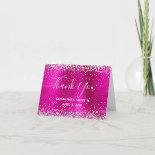 Silver Glitter Hot Pink Folie Sweet 16 Bedankkaart