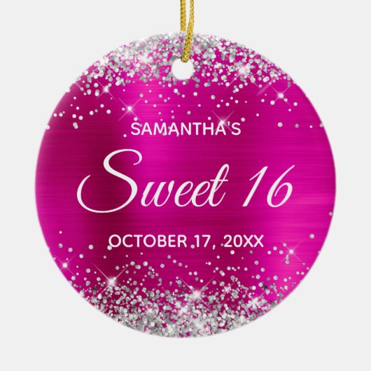 Silver Glitter Hot Pink Folie Sweet 16-dag Keramisch Ornament (Voorkant)