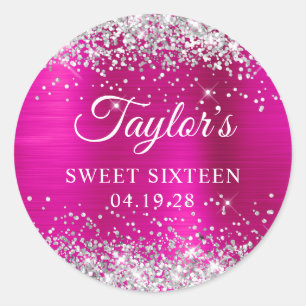 Silver Glitter Hot Pink Folie Sweet Sixteen Ronde Sticker