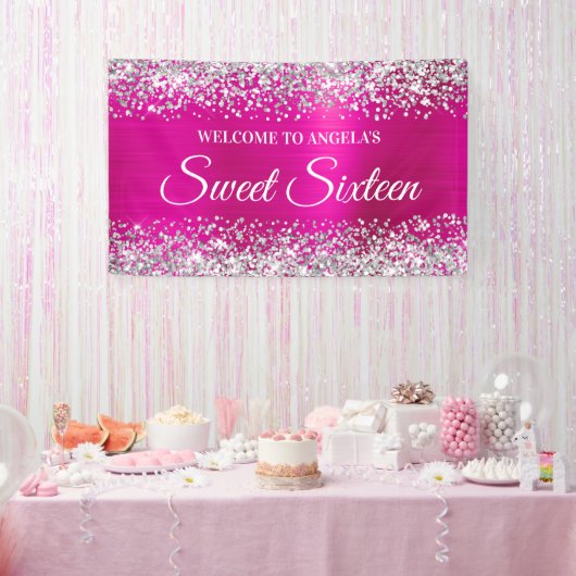 Silver Glitter Hot Pink Folie Sweet Sixteen Welkom Spandoek (Feest)