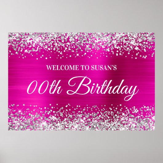 Silver Glitter Hot Pink Folie Verjaardag Welkom Poster (Voorkant)