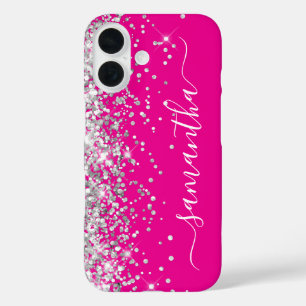 Silver Glitter Hot Pink Girly Signature iPhone 16 Hoesje