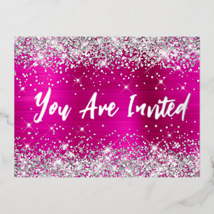 Silver Glitter Hot Pink Glam 21st Birthday Folie Uitnodiging Briefkaart