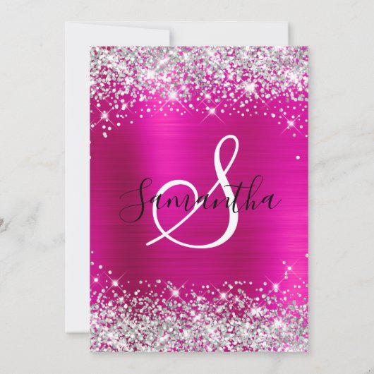 Silver Glitter Hot Pink Monogram 21e verjaardag Kaart (Achterkant)