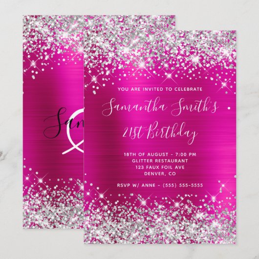 Silver Glitter Hot Pink Monogram 21e verjaardag Kaart (Voorkant / Achterkant)