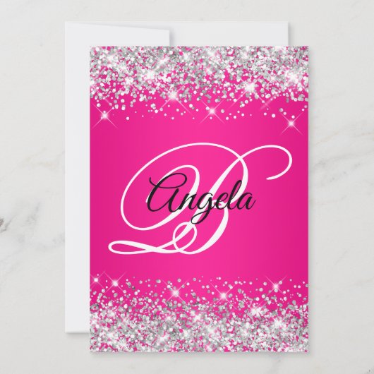 Silver Glitter Hot Pink Monogram 40e verjaardag Kaart (Achterkant)