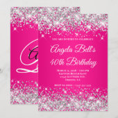 Silver Glitter Hot Pink Monogram 40e verjaardag Kaart (Voorkant / Achterkant)