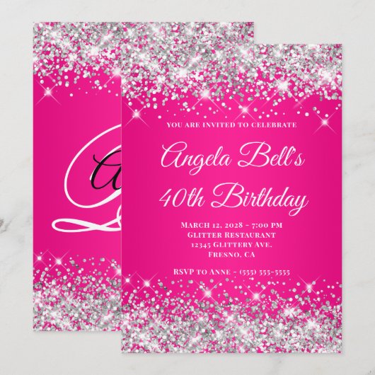 Silver Glitter Hot Pink Monogram 40e verjaardag Kaart (Voorkant / Achterkant)