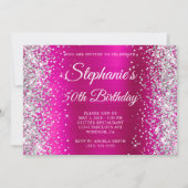 Silver Glitter Hot Pink Monogram 50e verjaardag Kaart (Voorkant)