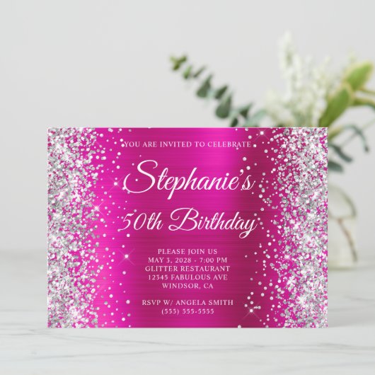 Silver Glitter Hot Pink Monogram 50e verjaardag Kaart (Staand voorkant)