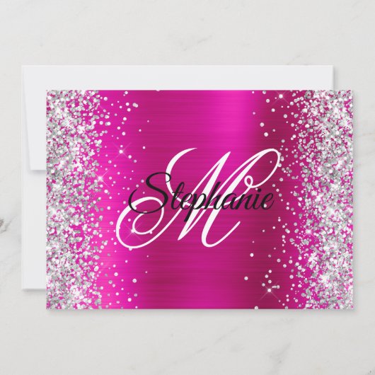 Silver Glitter Hot Pink Monogram 50e verjaardag Kaart (Achterkant)